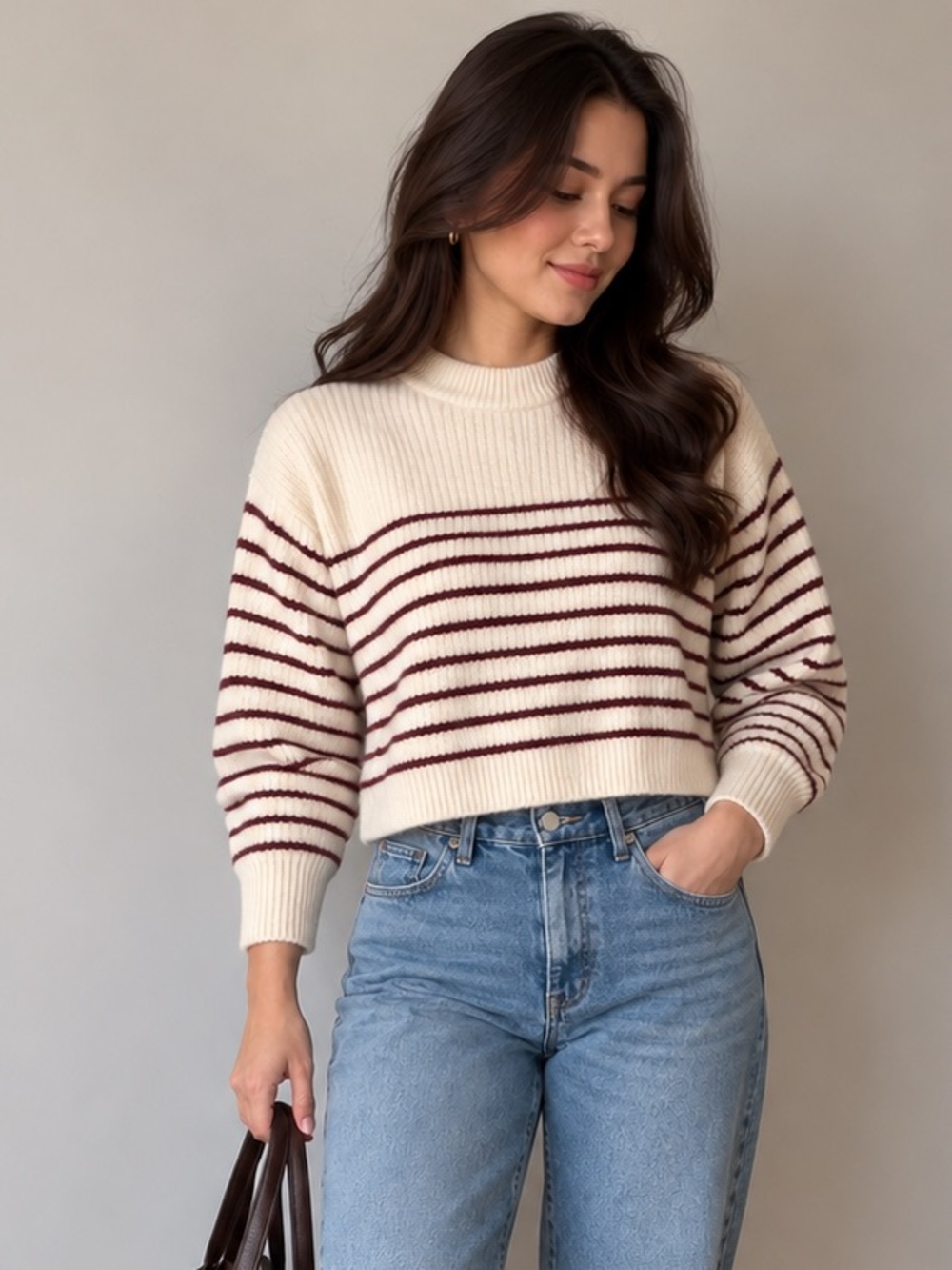 Wilfred Cream Cropped Crewneck Sweater with Burgundy Stripes